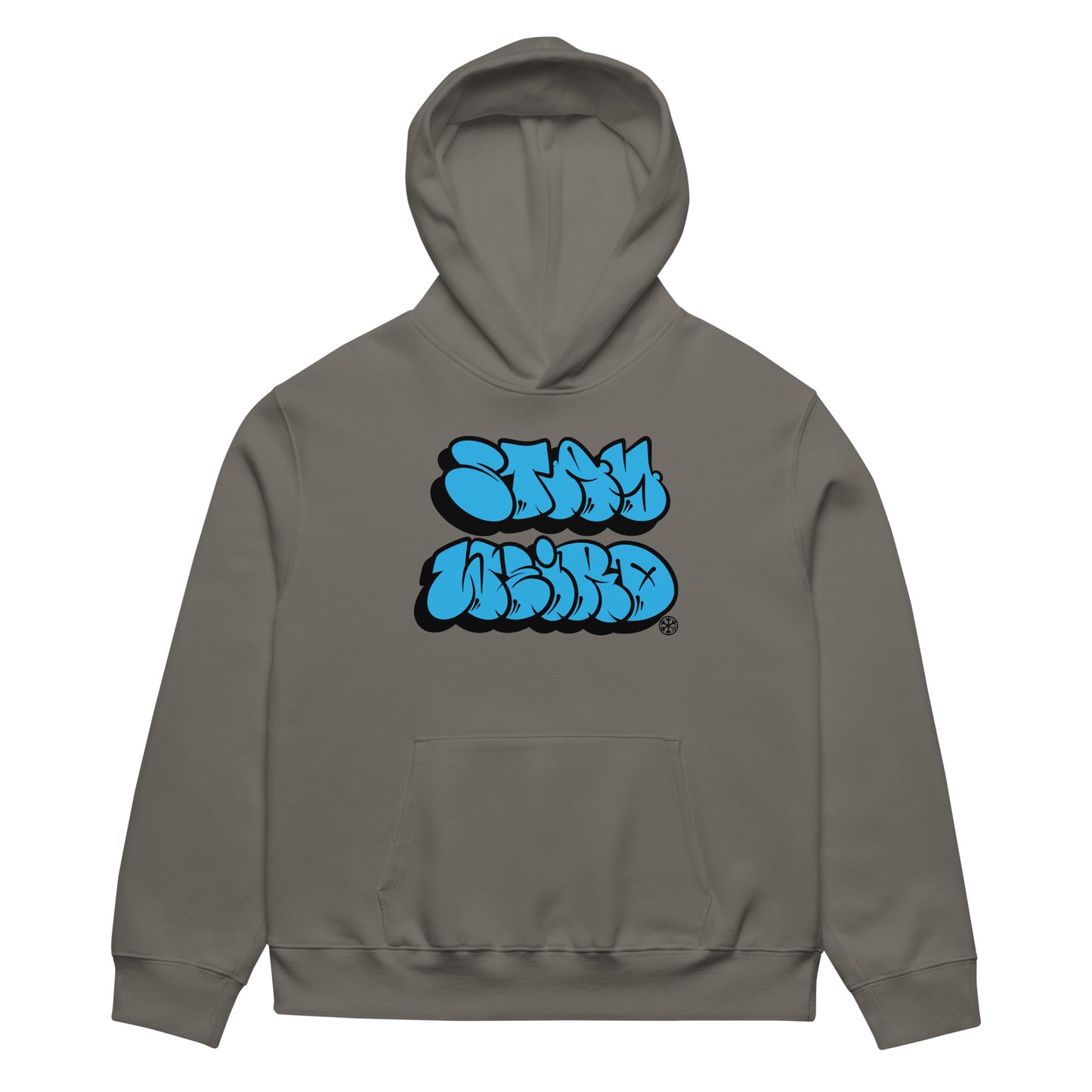 Gray-Stay Weird Graffiti Throwie Hoodie by Monsterinho from B.Different Clothing, front view, graffiti-inspired streetwear, oversized heavyweight