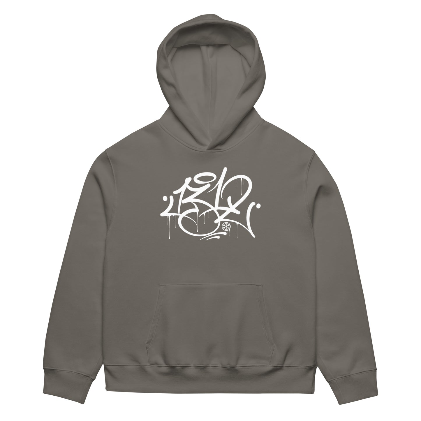 Dark Gray-1312 Graffiti Tag Hoodie by Caos One from B.Different Clothing, folded, graffiti-inspired streetwear, oversized heavyweight