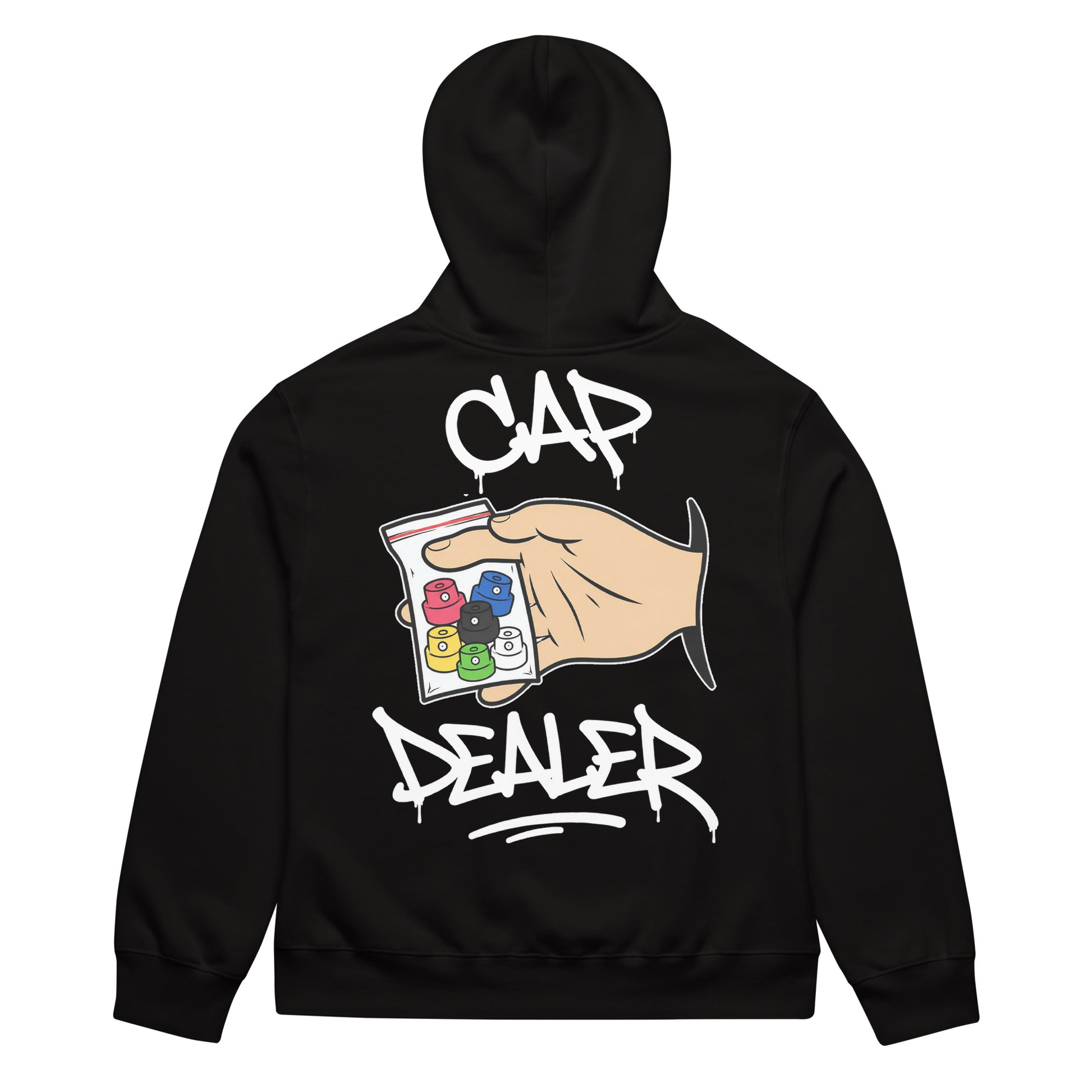 Black-Cap Dealer Graffiti Hoodie from B.Different Clothing, back view, graffiti-inspired streetwear