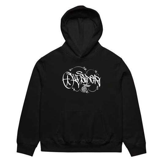 Black-Outcast Graffiti Tag Hoodie by Caos One from B.Different Clothing, front view, graffiti-inspired streetwear, oversized heavyweight