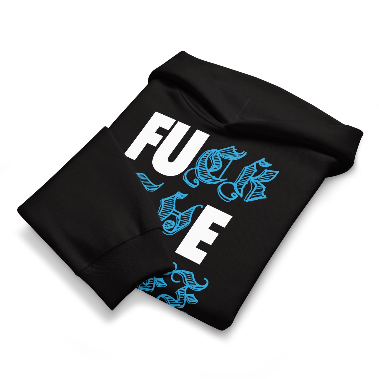 Black-Fuck The Buff Graffiti Hoodie from B.Different Clothing, folded, graffiti-inspired streetwear, oversized heavyweight