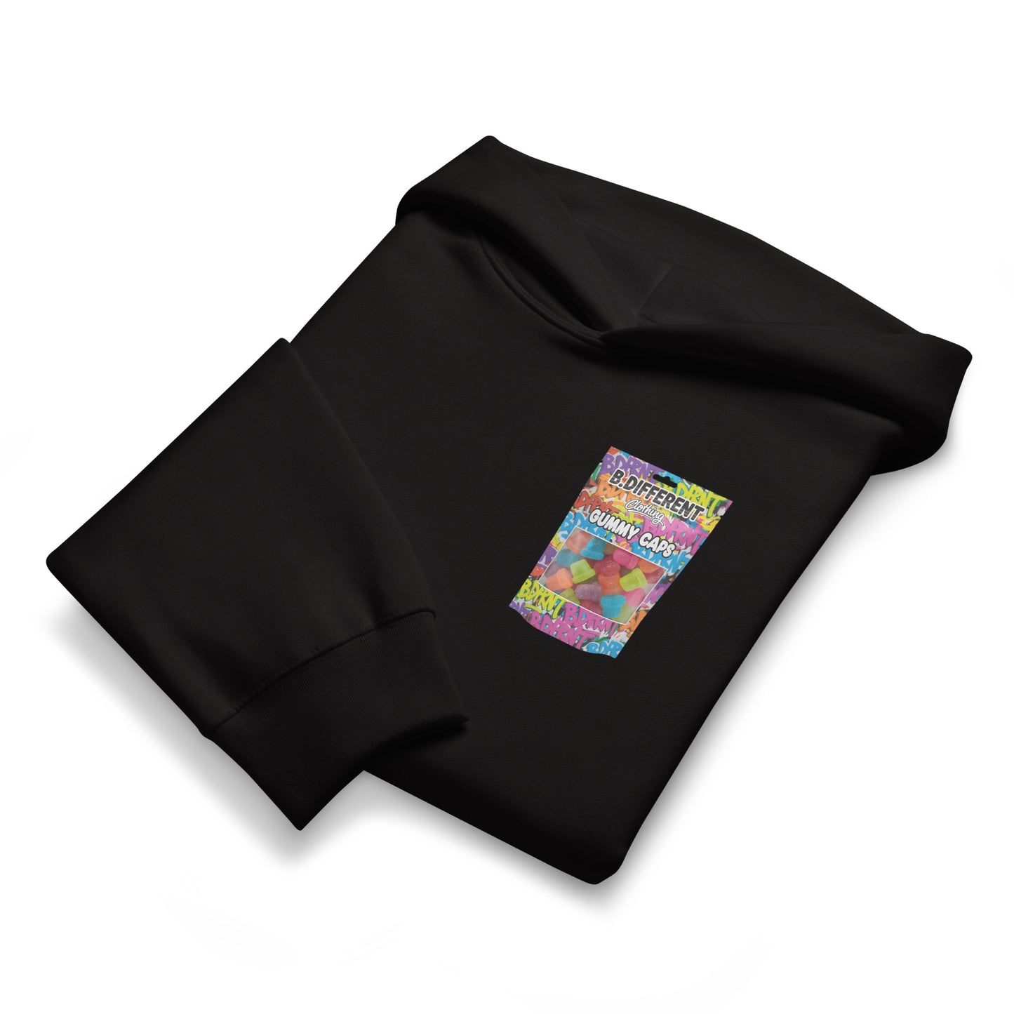 Black-Gummy Caps Graffiti Hoodie from B.Different Clothing, folded, graffiti-inspired streetwear, oversized heavyweight