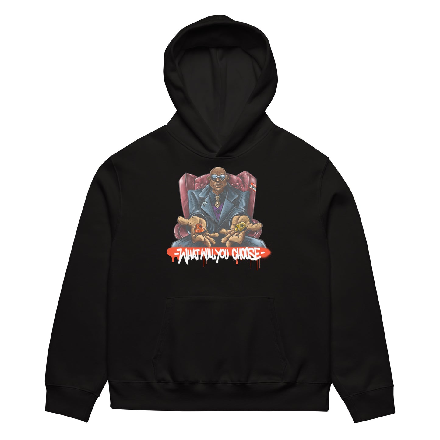 Black-Make Your Choice Graffiti Hoodie by Trk One from B.Different Clothing, front view, graffiti-inspired streetwear, oversized heavyweight