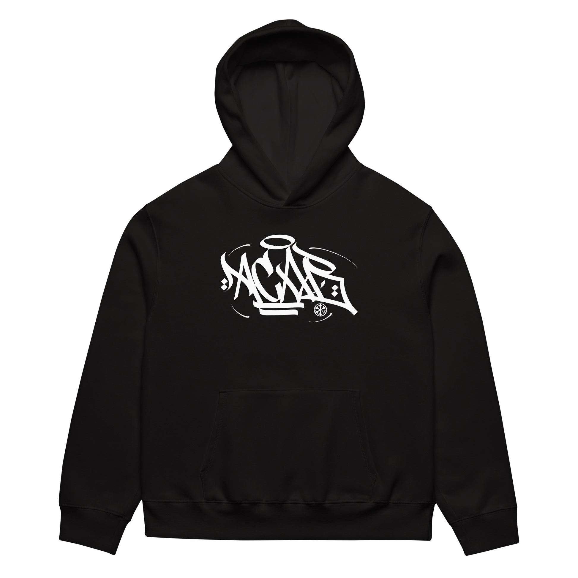 Black-Acab Graffiti Tag Hoodie by Caos One from B.Different Clothing, front view, graffiti-inspired streetwear, oversized heavyweight