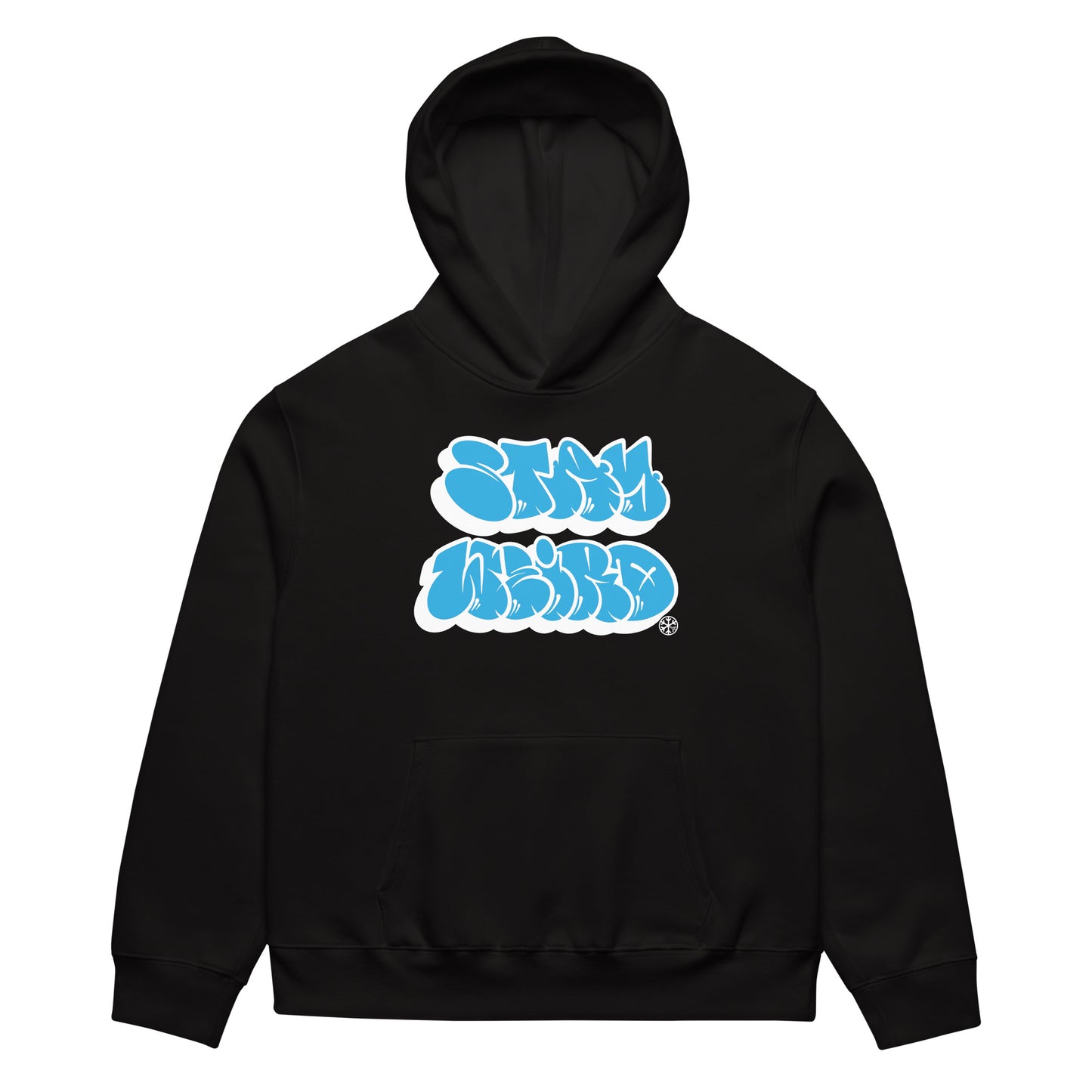Black-Stay Weird Graffiti Throwie Hoodie by Monsterinho from B.Different Clothing, front view, graffiti-inspired streetwear, oversized heavyweight