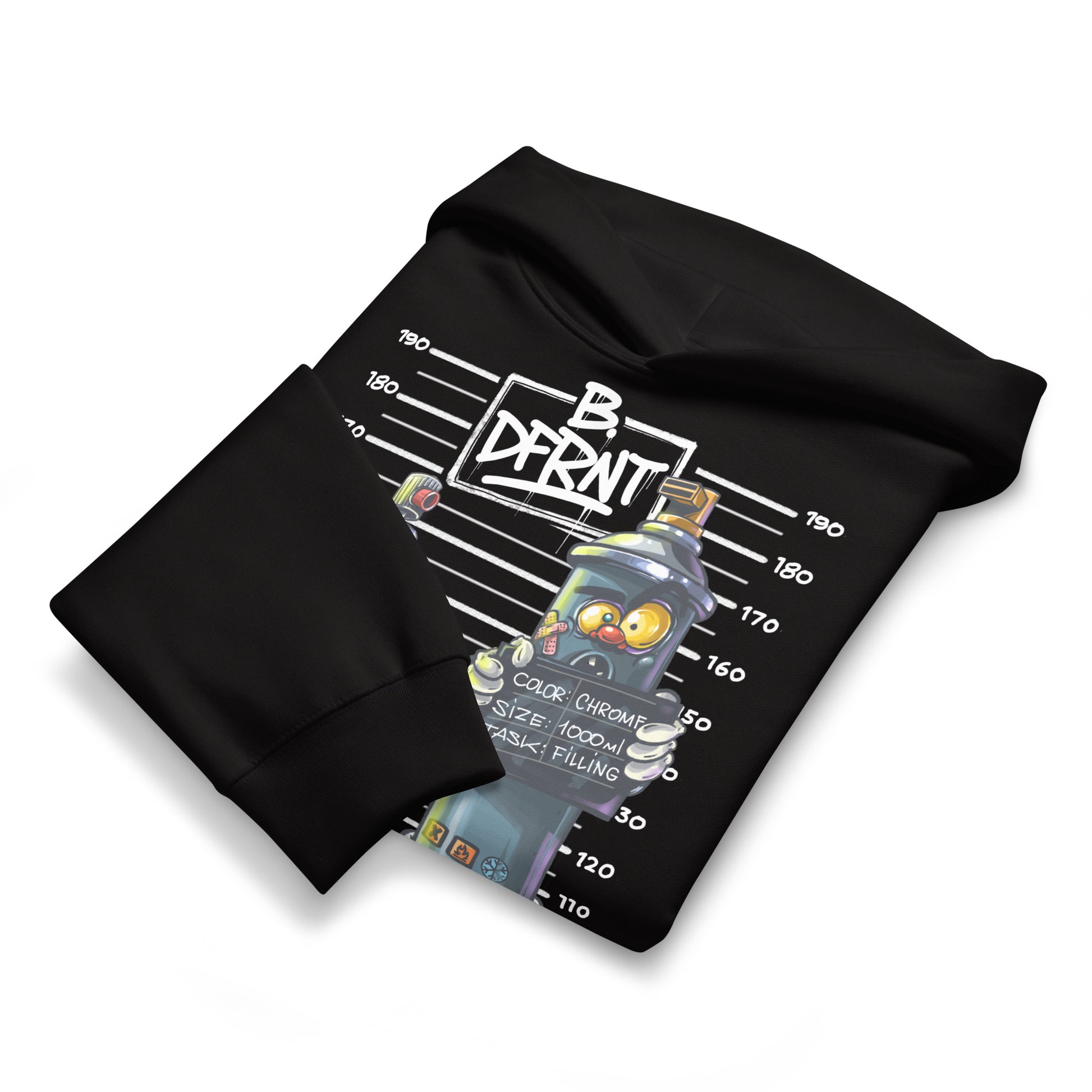 Black-Mug Short Graffiti Hoodie by Trk One from B.Different Clothing, folded, graffiti-inspired streetwear, oversized heavyweight