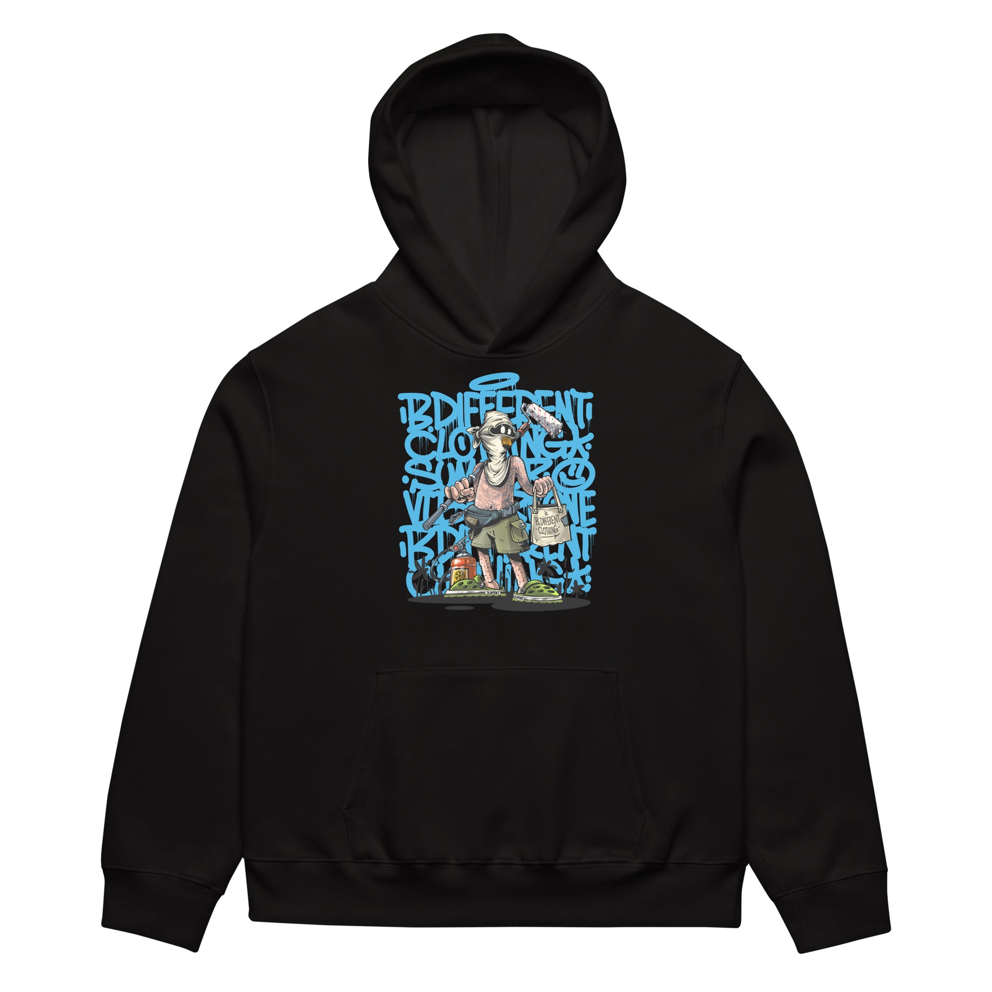 Black-Summer Graffiti Hoodie by Trk One from B.Different Clothing, front view, graffiti-inspired streetwear, oversized heavyweight