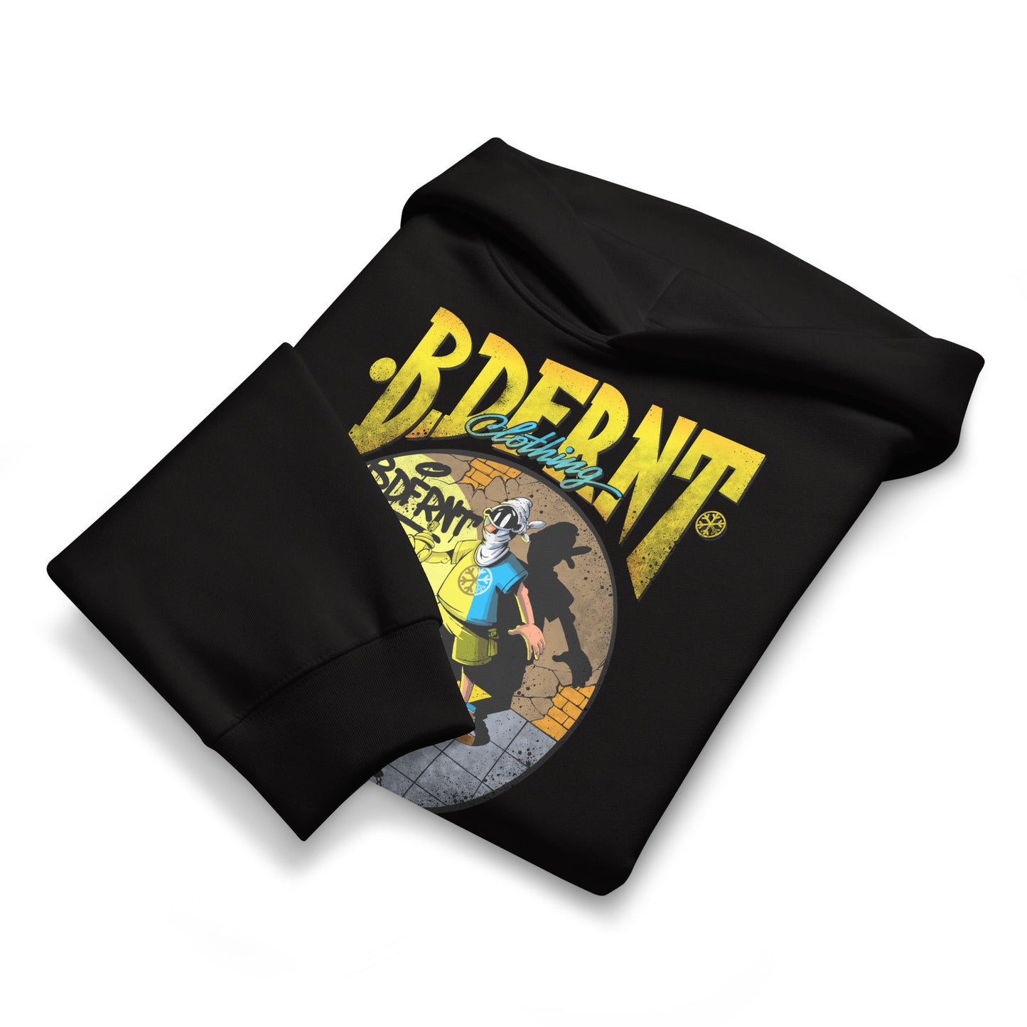 Black-Street Spotlight Graffiti Hoodie by Trk One from B.Different Clothing, folded, graffiti-inspired streetwear, oversized heavyweight