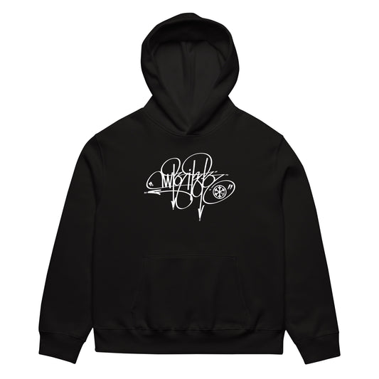 Black-Writer Tag Hoodie by Graffiti Dad from B.Different Clothing, front view, graffiti-inspired streetwear, oversized heavyweight