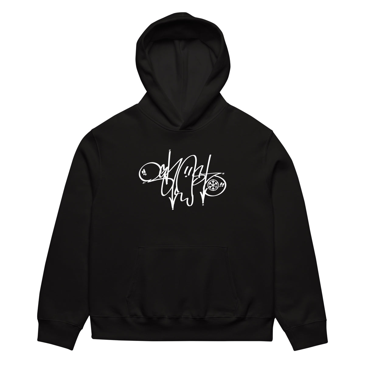 Black-Ghost Tag Hoodie by Graffiti Dad from B.Different Clothing, front view, graffiti-inspired streetwear, oversized heavyweight