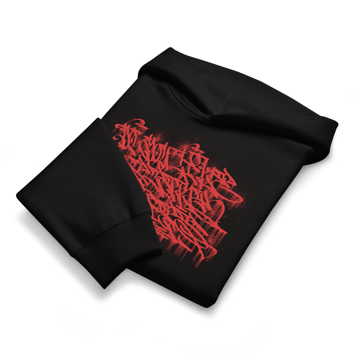 Black-Do You Like Scary Movies Graffiti Hoodie by Shew from B.Different Clothing, folded, graffiti-inspired streetwear, oversized heavyweight