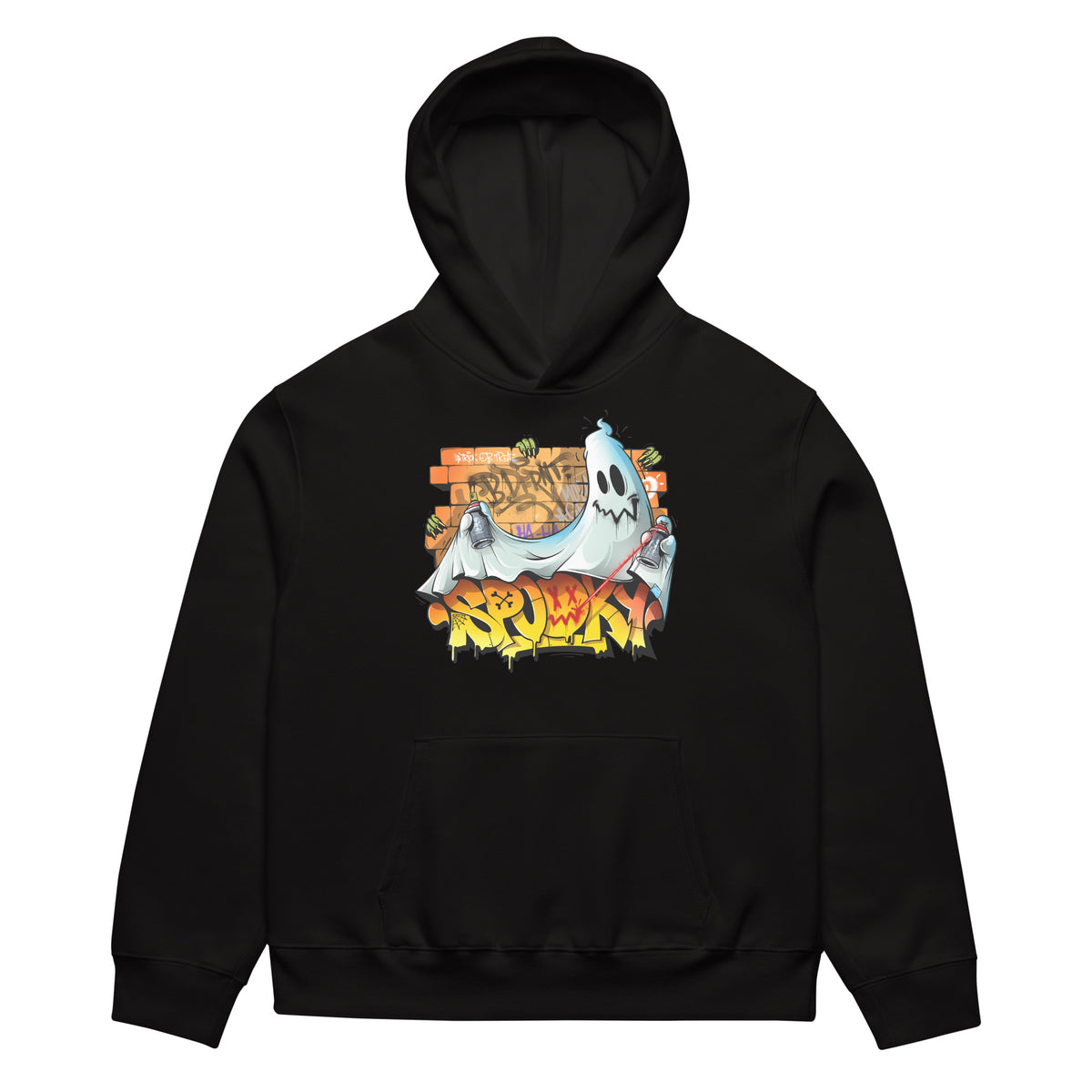Black-Spooky Graffiti Hoodie by Trk One from B.Different Clothing, front view, graffiti-inspired streetwear, oversized heavyweight
