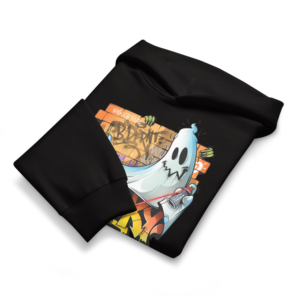 Black-Spooky Graffiti Hoodie by Trk One from B.Different Clothing, folded, graffiti-inspired streetwear, oversized heavyweight