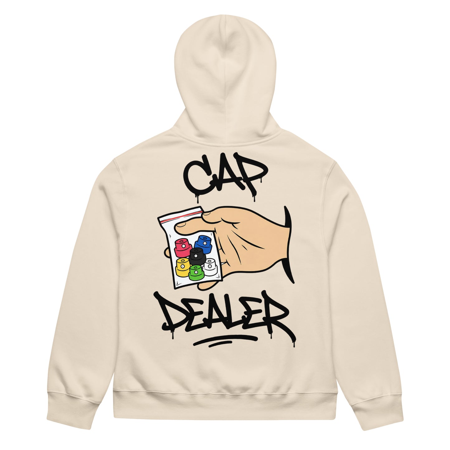 Beige-Cap Dealer Graffiti Hoodie from B.Different Clothing, back view, graffiti-inspired streetwear