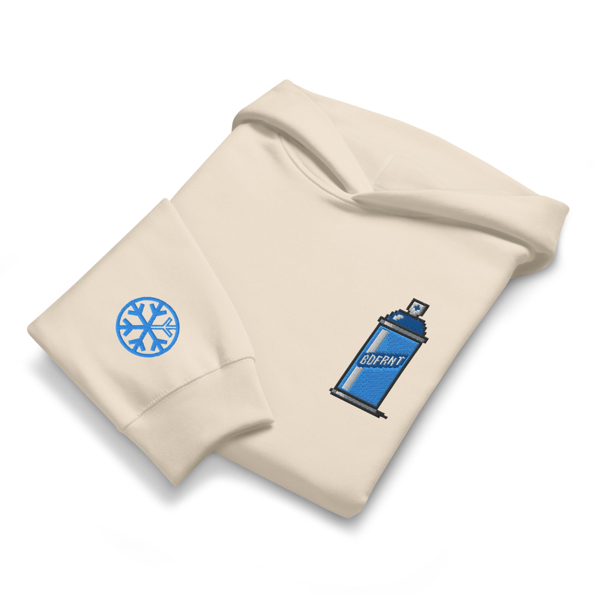 Beige-Pixel Spray Can Graffiti Hoodie from B.Different Clothing, folded, graffiti-inspired streetwear oversized heavyweight