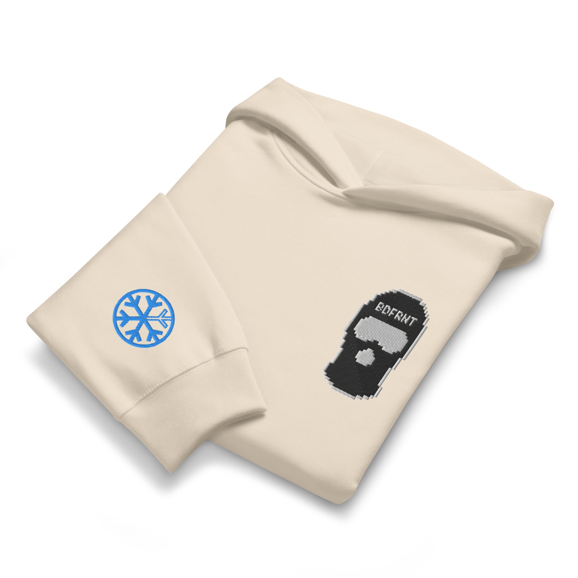 Beige-Pixel Balaclava Graffiti Hoodie from B.Different Clothing, folded, graffiti-inspired streetwear, oversized heavyweight