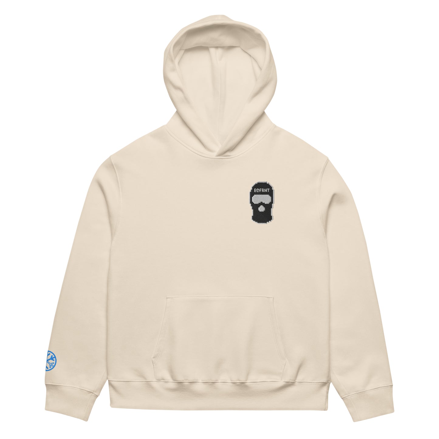 Beige-Pixel Balaclava Graffiti Hoodie from B.Different Clothing, front view, graffiti-inspired streetwear, oversized heavyweight