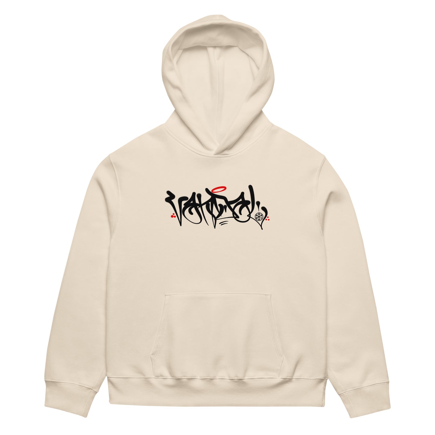 Beige-Vandal Graffiti Tag Hoodie by Caos One from B.Different Clothing, front view, graffiti-inspired streetwear, oversized heavyweight