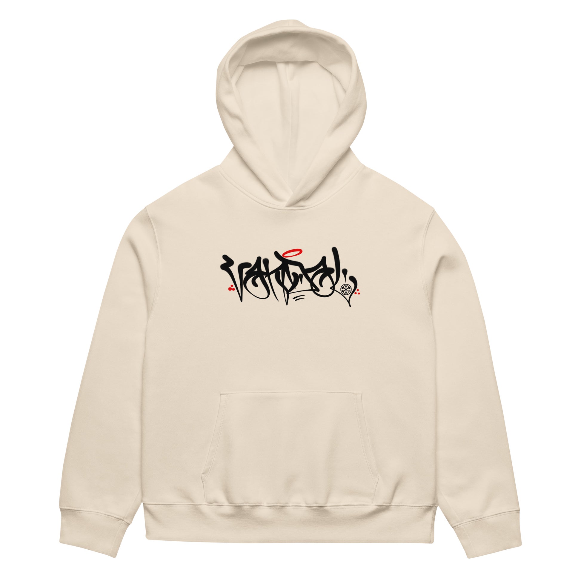 Beige-Vandal Graffiti Tag Hoodie by Caos One from B.Different Clothing, front view, graffiti-inspired streetwear, oversized heavyweight