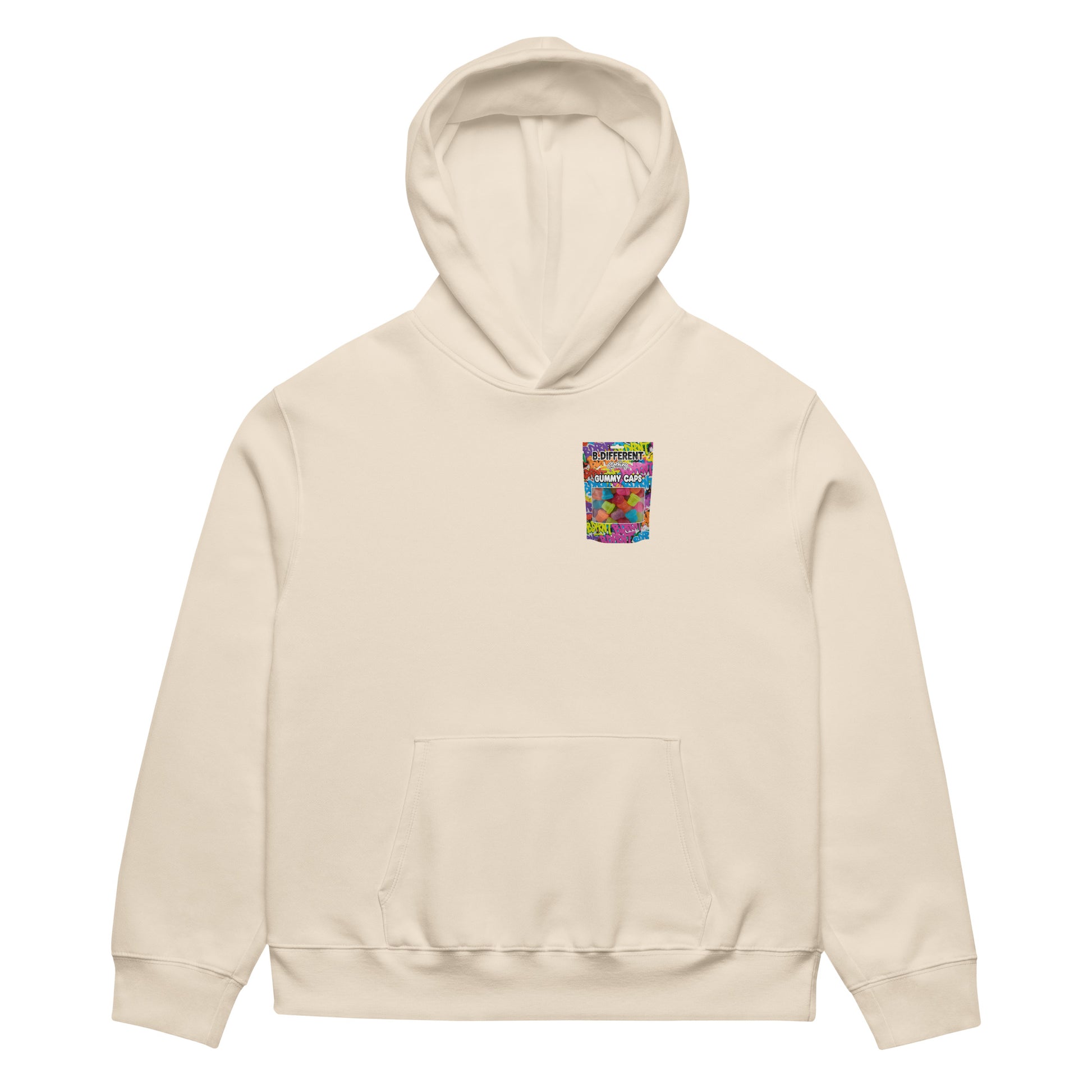 Beige-Gummy Caps Graffiti Hoodie from B.Different Clothing, front view, graffiti-inspired streetwear, oversized heavyweight
