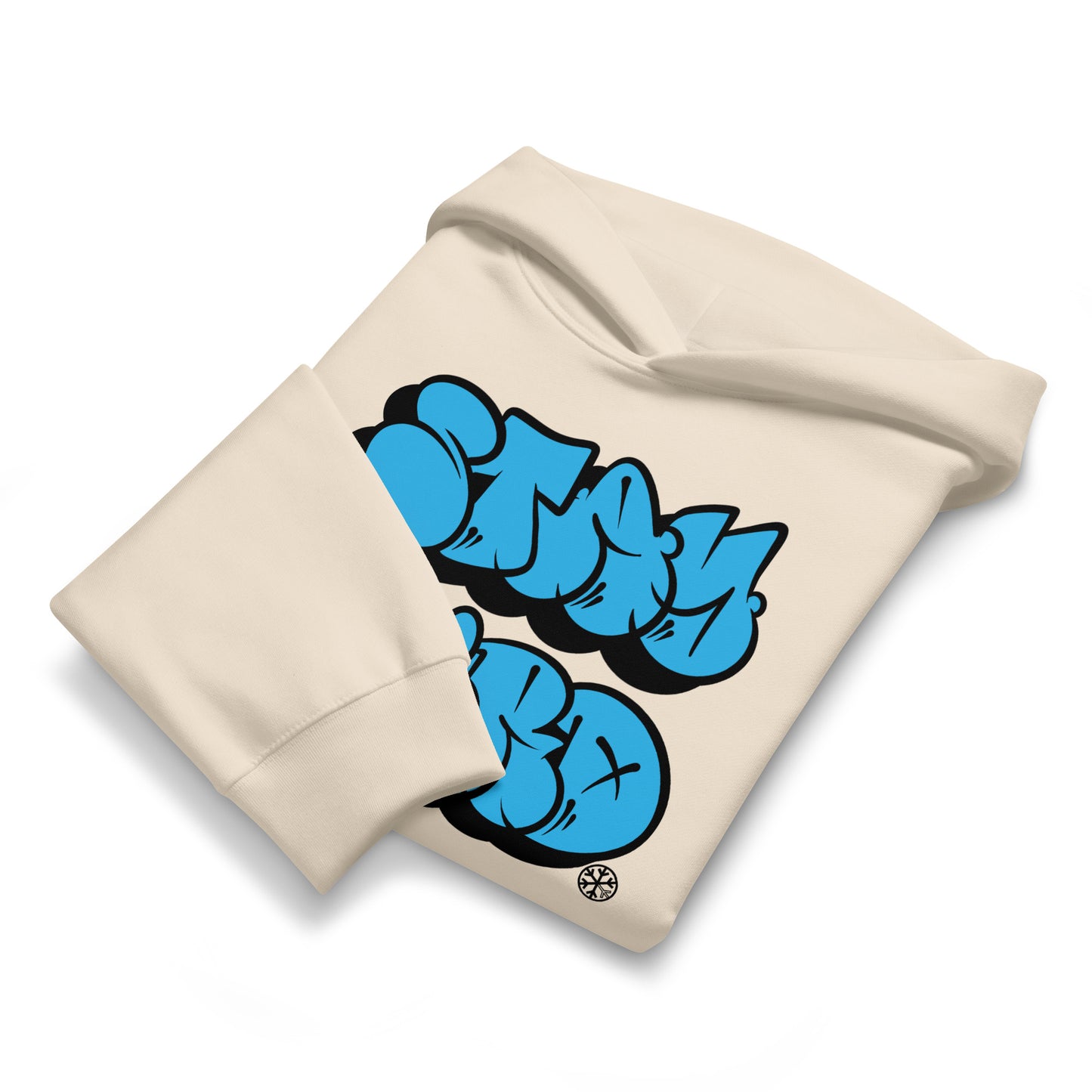 Beige-Stay Weird Graffiti Throwie Hoodie by Monsterinho from B.Different Clothing, folded, graffiti-inspired streetwear, oversized heavyweight