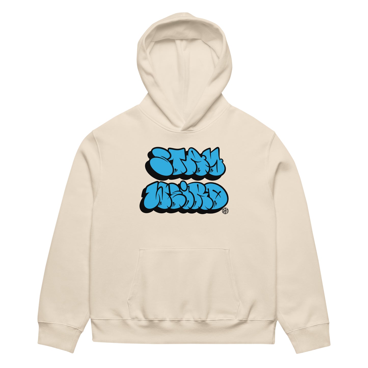 Beige-Stay Weird Graffiti Throwie Hoodie by Monsterinho from B.Different Clothing, front view, graffiti-inspired streetwear, oversized heavyweight
