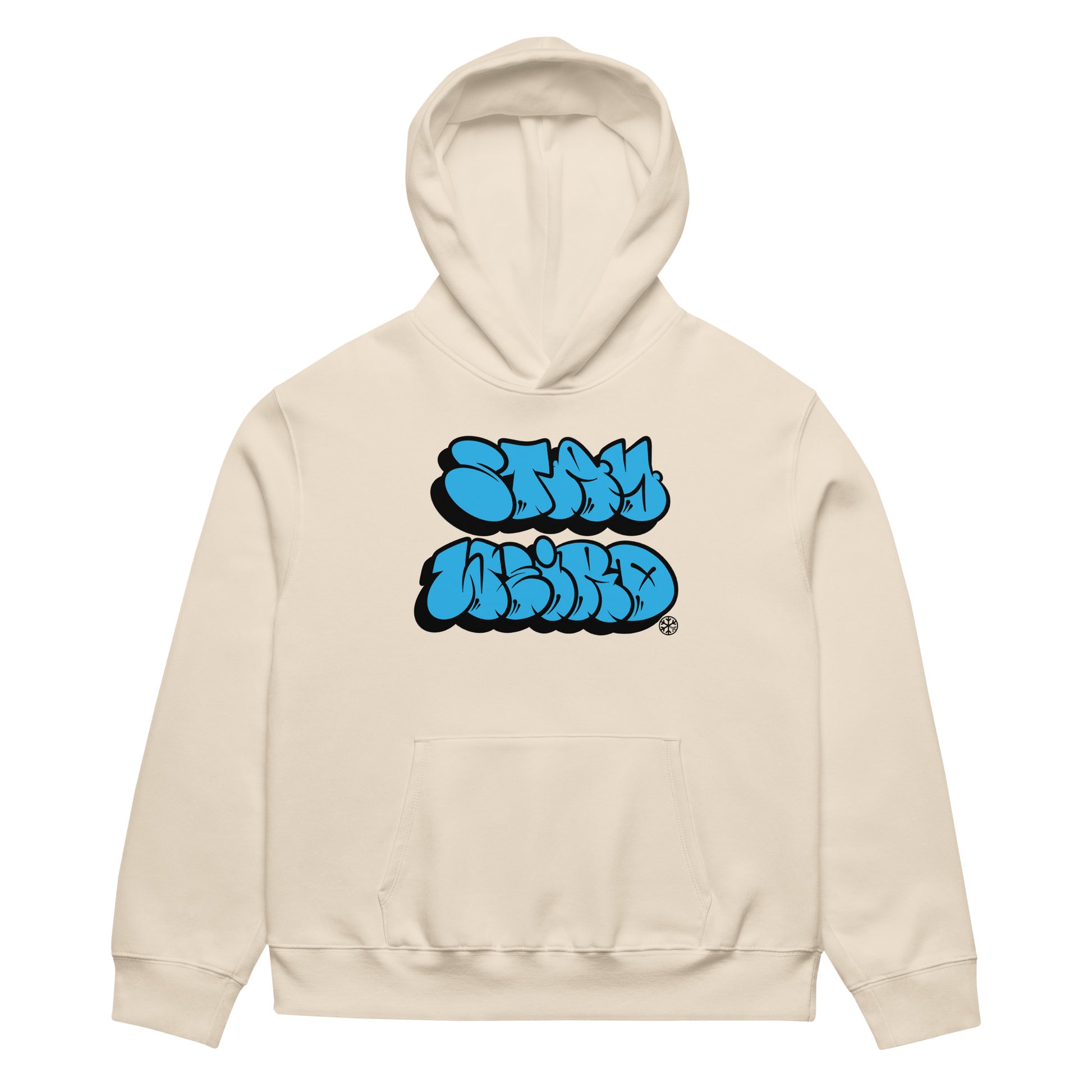 Beige-Stay Weird Graffiti Throwie Hoodie by Monsterinho from B.Different Clothing, front view, graffiti-inspired streetwear, oversized heavyweight