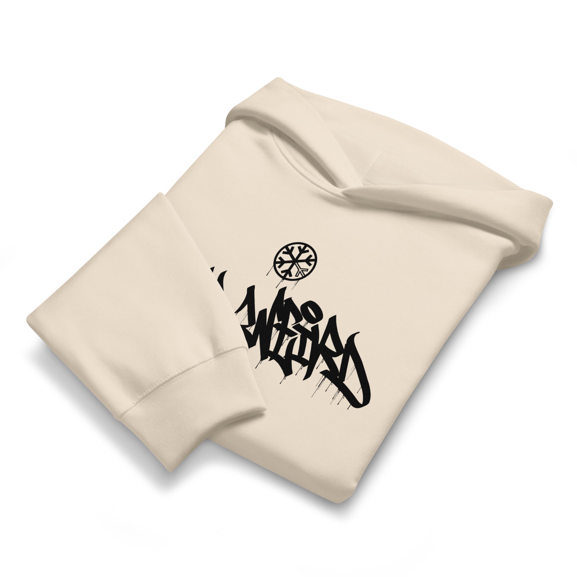 Beige-Stay Weird Graffiti Tag Hoodie by Monsterinho from B.Different Clothing, folded, graffiti-inspired streetwear, oversized heavyweight