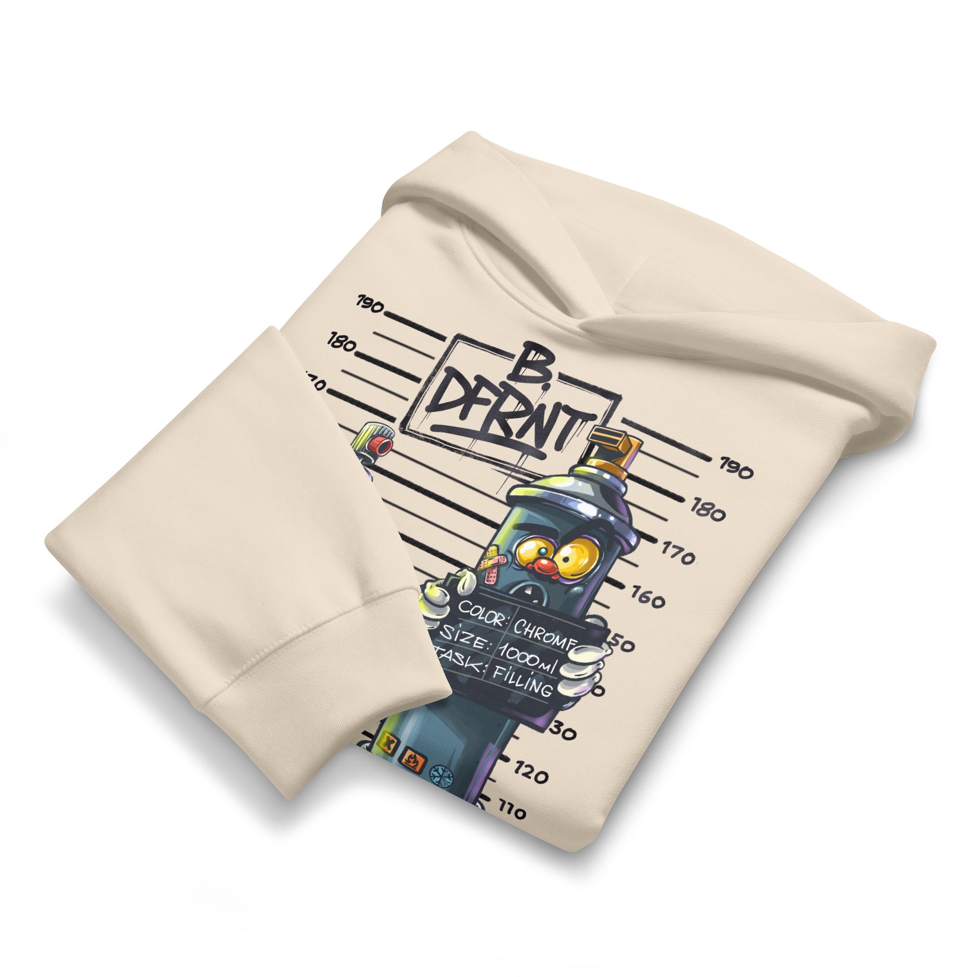 Beige-Mug Short Graffiti Hoodie by Trk One from B.Different Clothing, folded, graffiti-inspired streetwear, oversized heavyweight