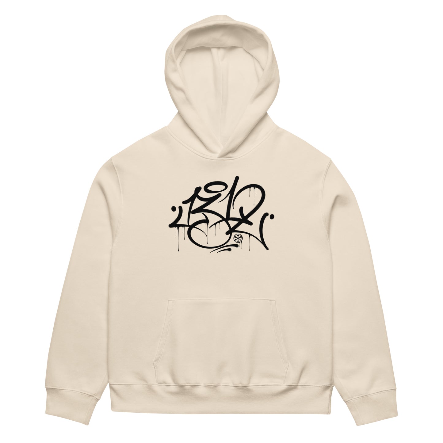Beige-1312 Graffiti Tag Hoodie by Caos One from B.Different Clothing, front view, graffiti-inspired streetwear, oversized heavyweight