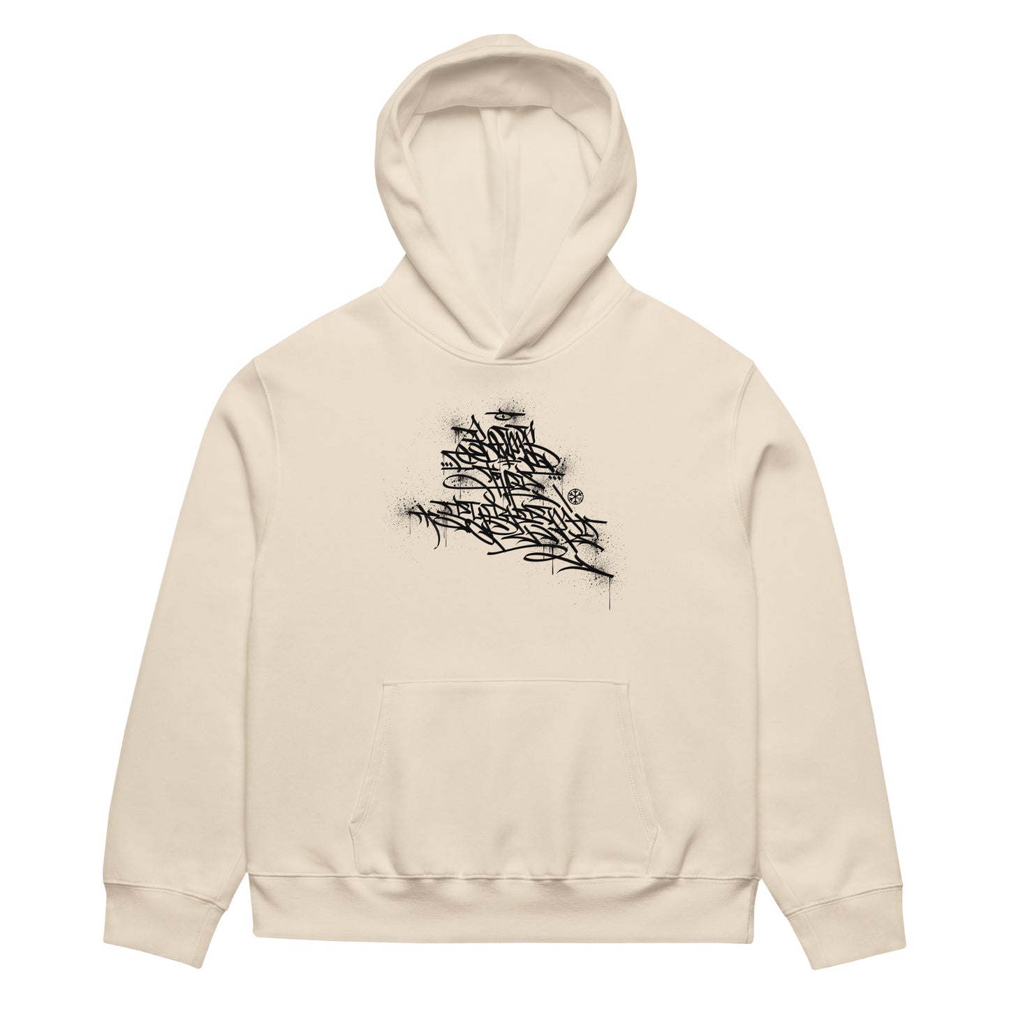 Beige-Bomb The System Graffiti Hoodie by Shew from B.Different Clothing, front view, graffiti-inspired streetwear, oversized heavyweight