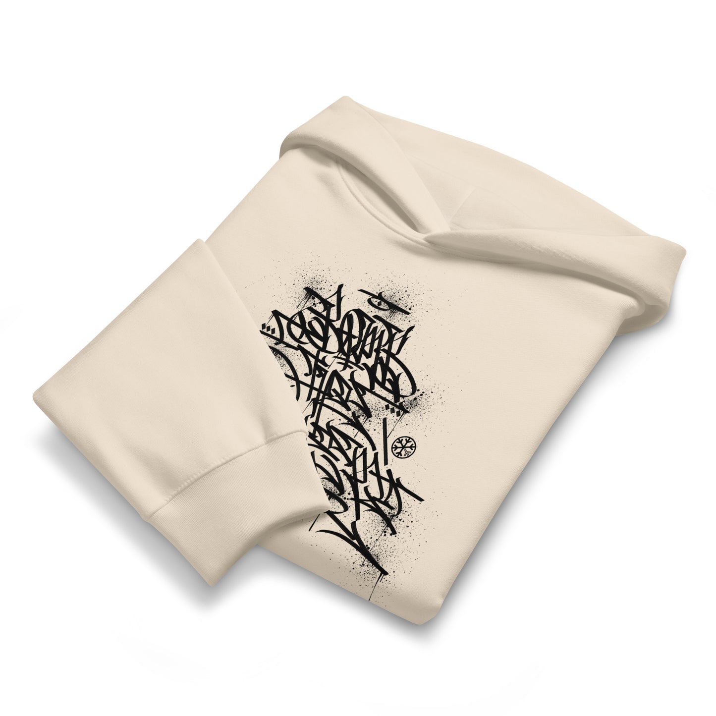 Beige-Bomb The System Graffiti Hoodie by Shew from B.Different Clothing, folded, graffiti-inspired streetwear, oversized heavyweight