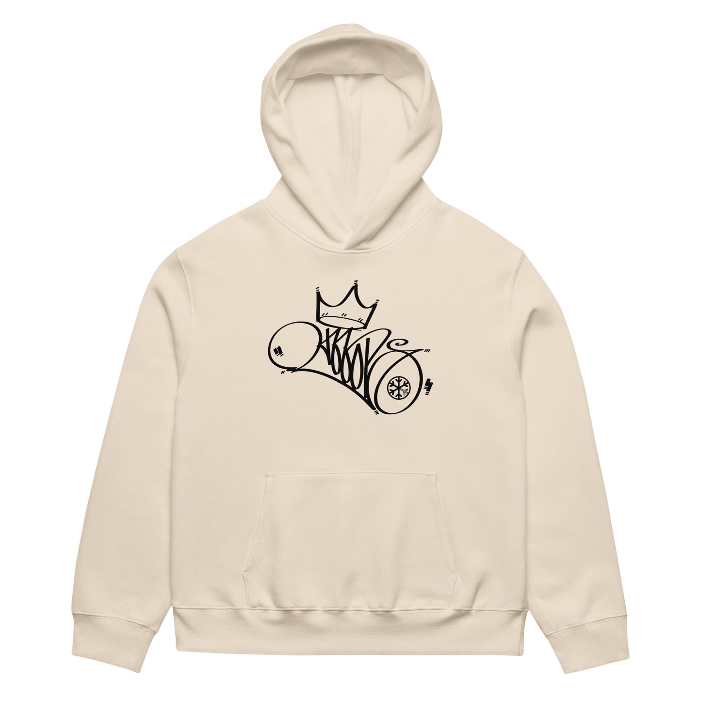 Beige-Mop King Tag Hoodie by Graffiti Dad from B.Different Clothing, front view, graffiti-inspired streetwear, oversized heavyweight
