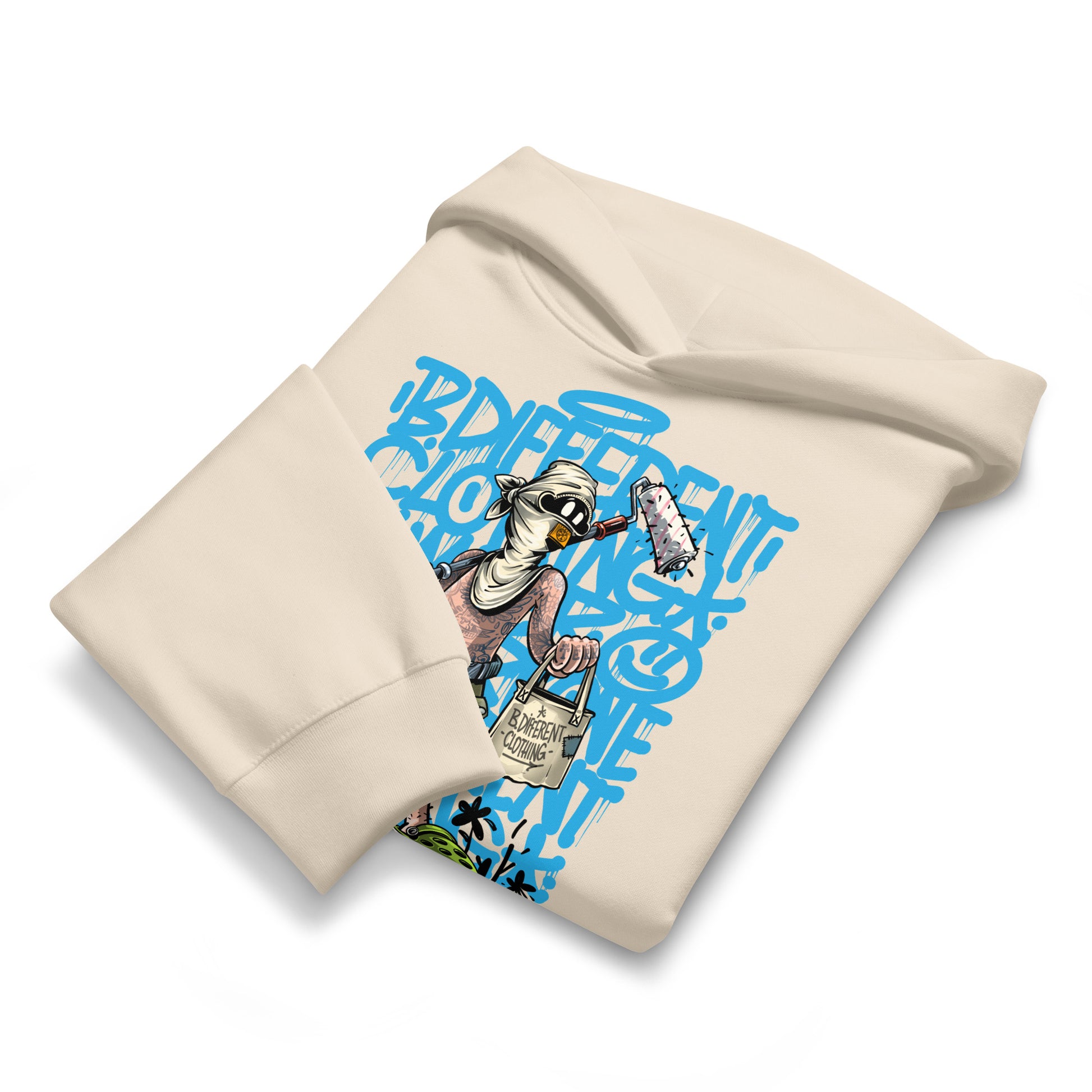 Beige-Summer Graffiti Hoodie by Trk One from B.Different Clothing, folded, graffiti-inspired streetwear, oversized heavyweight