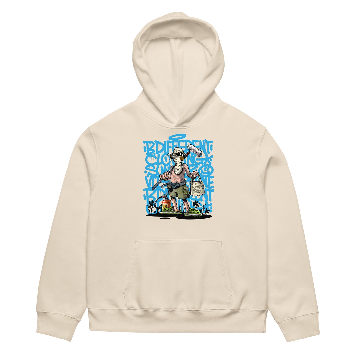 Beige-Summer Graffiti Hoodie by Trk One from B.Different Clothing, front view, graffiti-inspired streetwear, oversized heavyweight