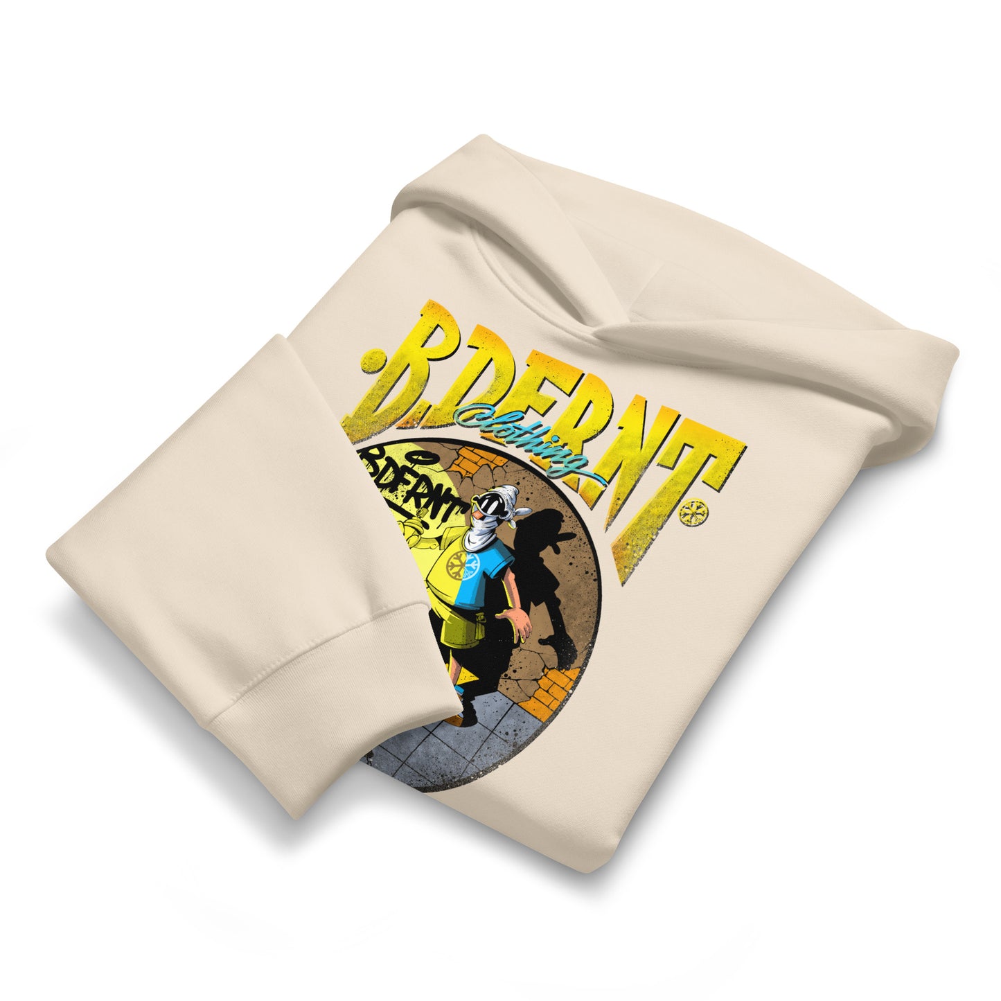 Beige-Street Spotlight Graffiti Hoodie by Trk One from B.Different Clothing, folded, graffiti-inspired streetwear, oversized heavyweight