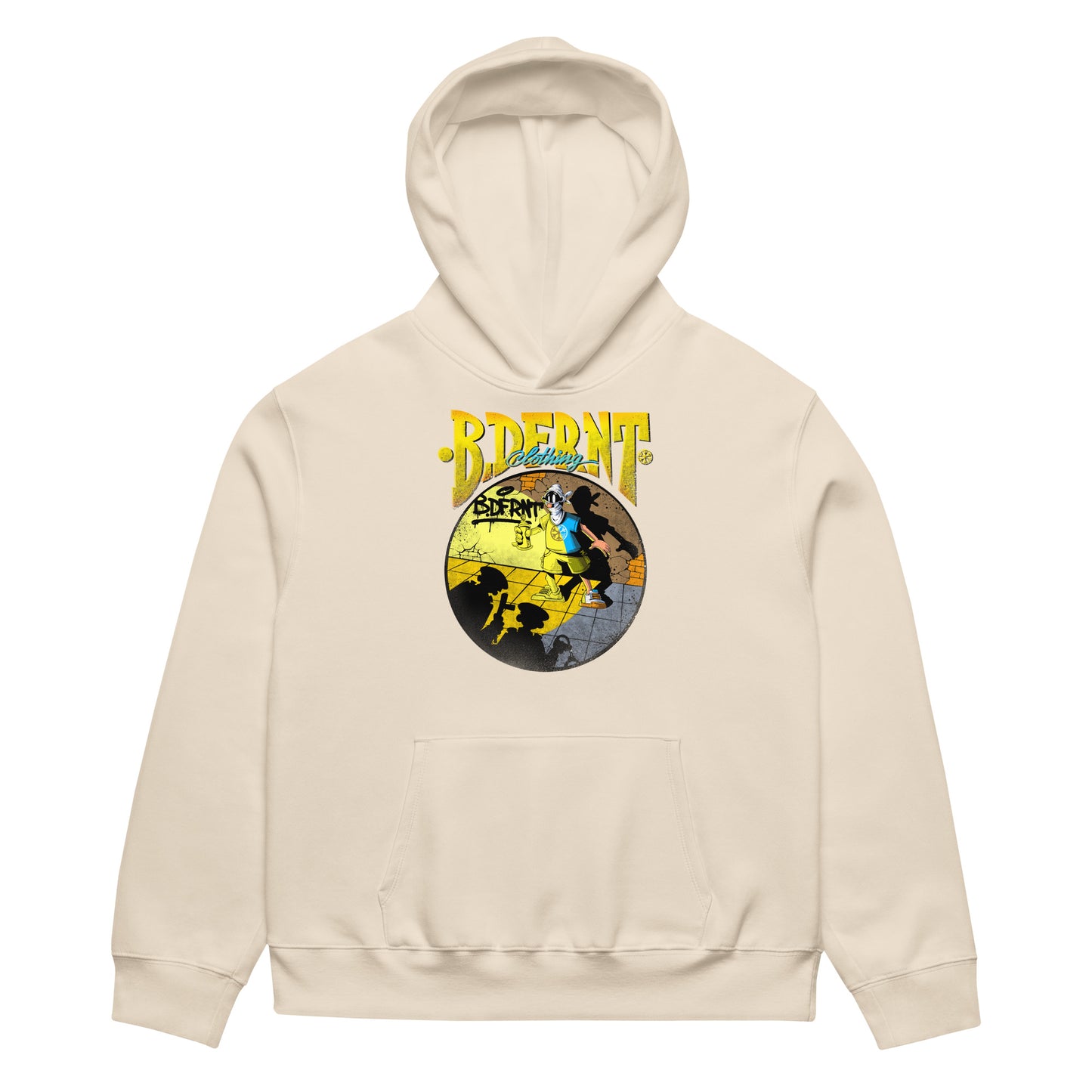 Beige-Street Spotlight Graffiti Hoodie by Trk One from B.Different Clothing, front view, graffiti-inspired streetwear, oversized heavyweight