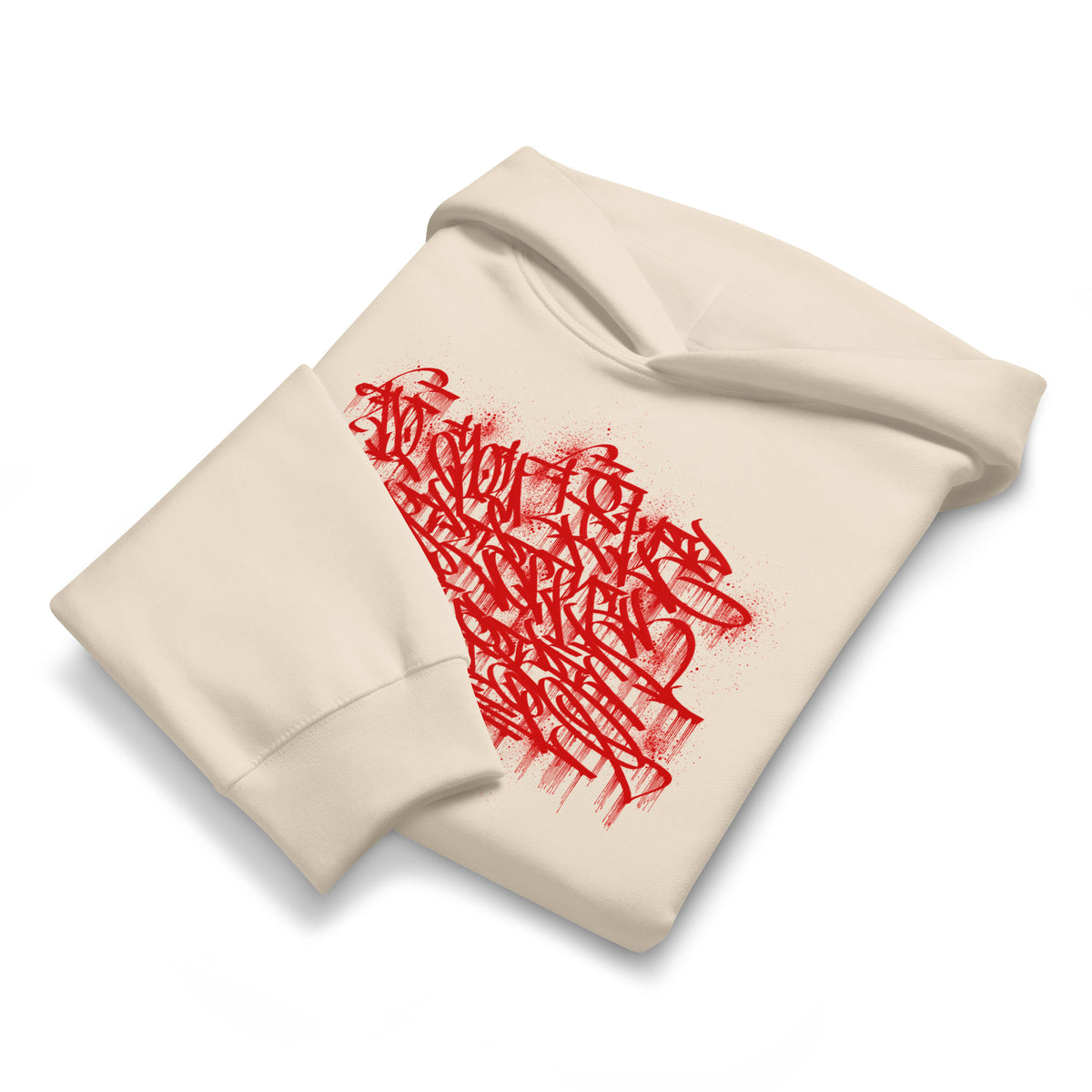 Beige-Do You Like Scary Movies Graffiti Hoodie by Shew from B.Different Clothing, folded, graffiti-inspired streetwear, oversized heavyweight