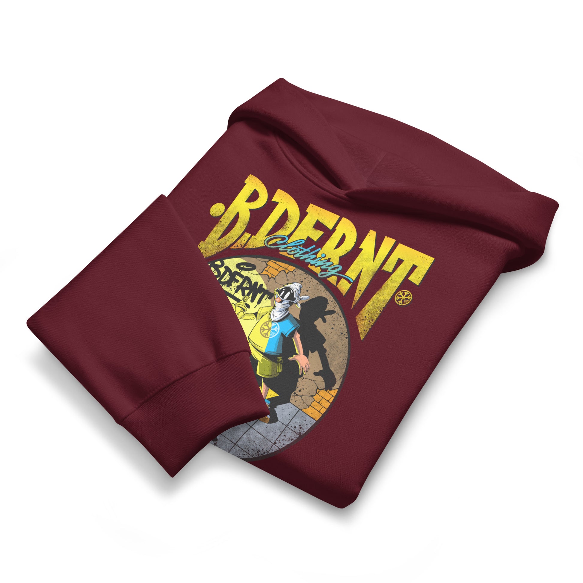 Maroon-Street Spotlight Graffiti Hoodie by Trk One from B.Different Clothing, folded, graffiti-inspired streetwear, oversized heavyweight