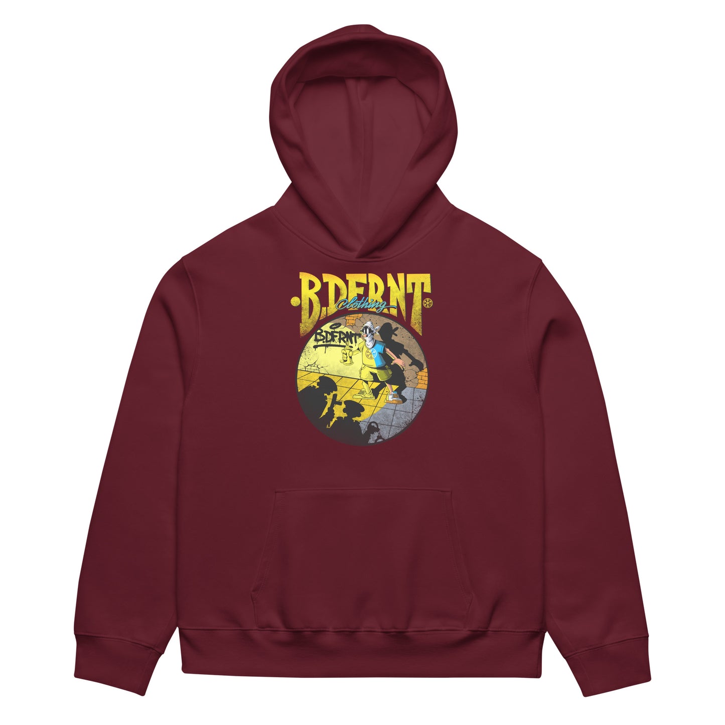 Maroon-Street Spotlight Graffiti Hoodie by Trk One from B.Different Clothing, front view, graffiti-inspired streetwear, oversized heavyweight