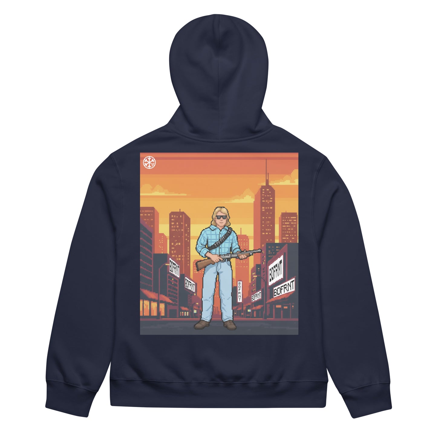 Navy-Pixel Disobey Hoodie from B.Different Clothing, back view, graffiti-inspired streetwear, oversized heavyweight