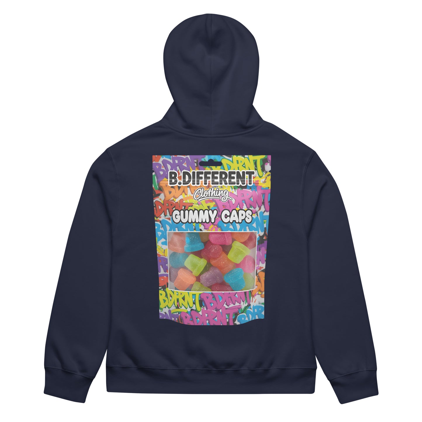 Navy-Gummy Caps Graffiti Hoodie from B.Different Clothing, back view, graffiti-inspired streetwear, oversized heavyweight