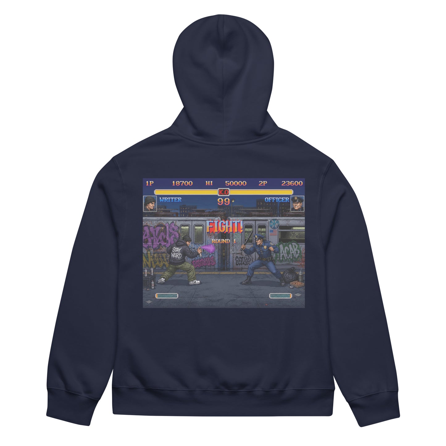 Navy-Street Writer II Graffiti Hoodie from B.Different Clothing, back view, graffiti-inspired streetwear, oversized heavyweight