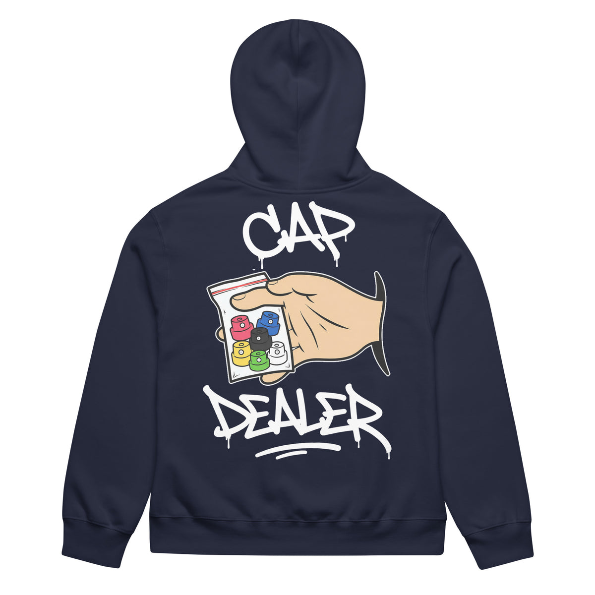 Navy-Cap Dealer Graffiti Hoodie from B.Different Clothing, back view, graffiti-inspired streetwear