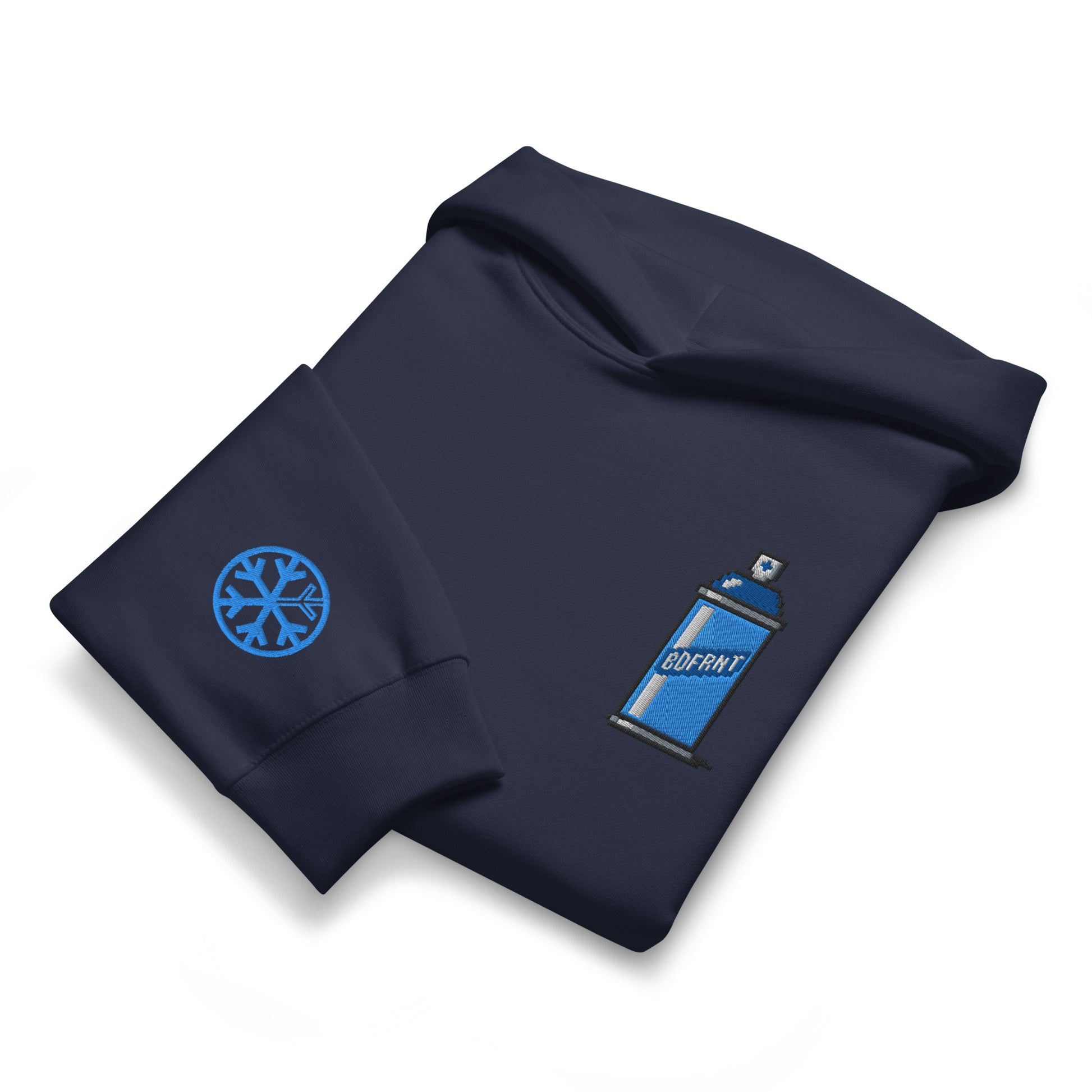 Navy-Pixel Spray Can Graffiti Hoodie from B.Different Clothing, folded, graffiti-inspired streetwear oversized heavyweight