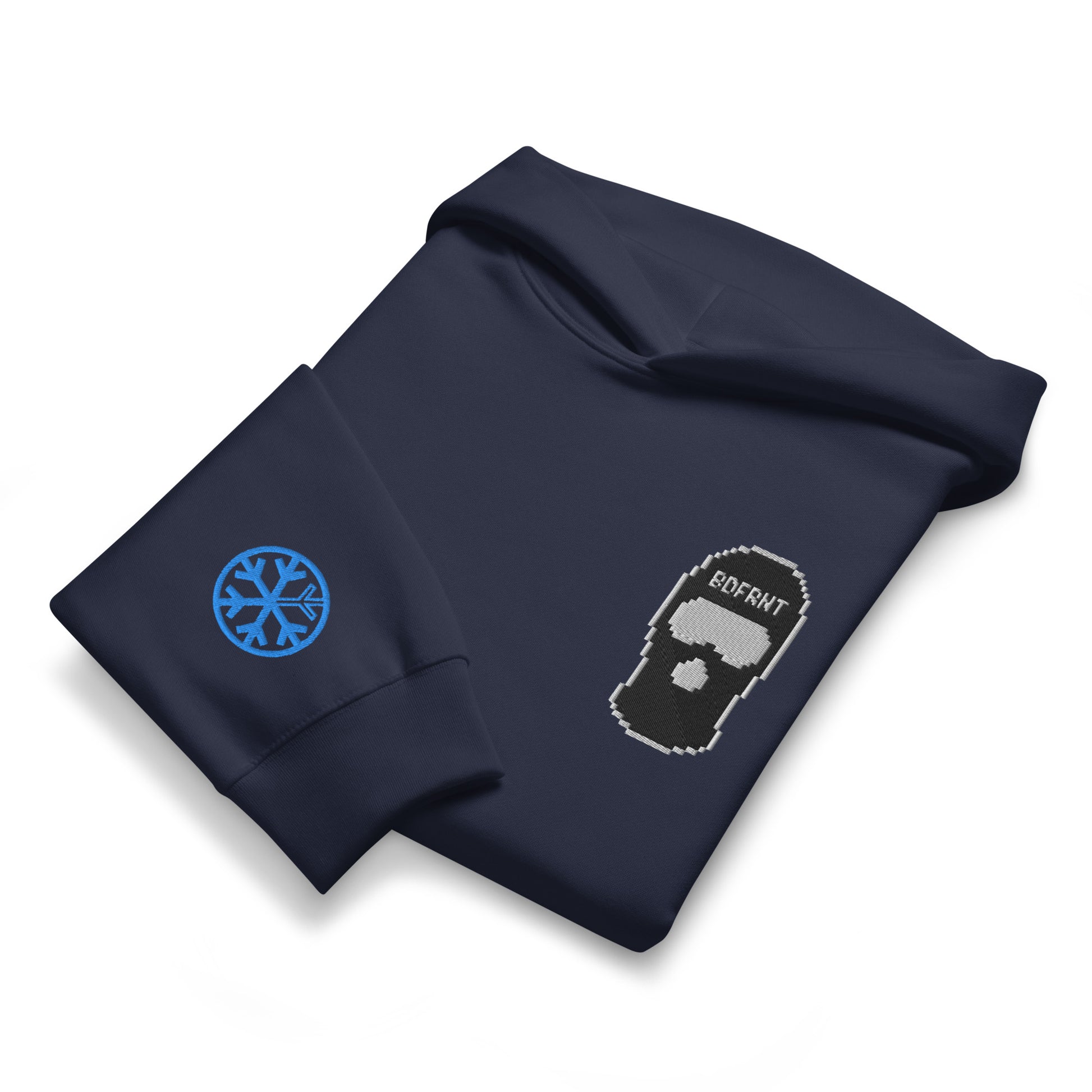 Navy-Pixel Balaclava Graffiti Hoodie from B.Different Clothing, folded, graffiti-inspired streetwear, oversized heavyweight