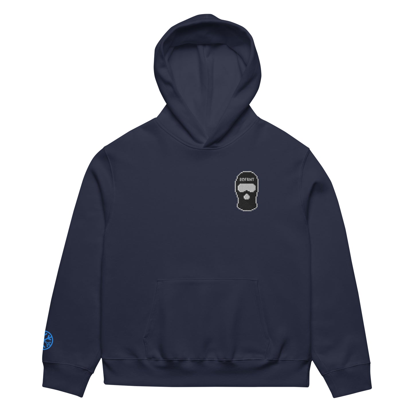 Navy-Pixel Balaclava Graffiti Hoodie from B.Different Clothing, front view, graffiti-inspired streetwear, oversized heavyweight