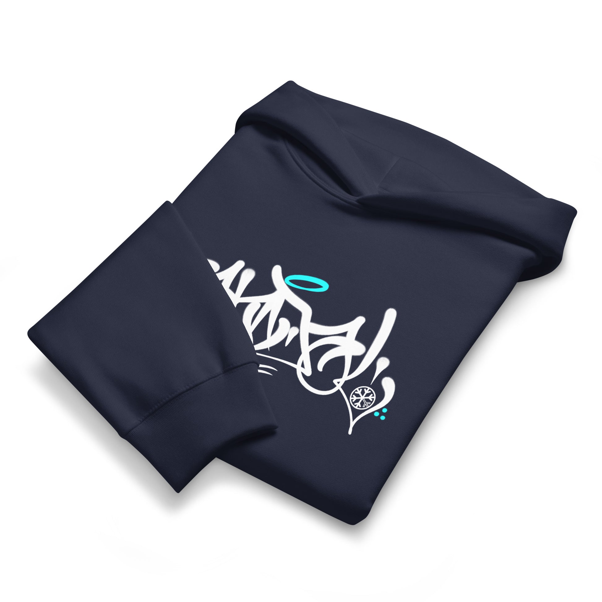 Navy-Vandal Graffiti Tag Hoodie by Caos One from B.Different Clothing, folded, graffiti-inspired streetwear, oversized heavyweight