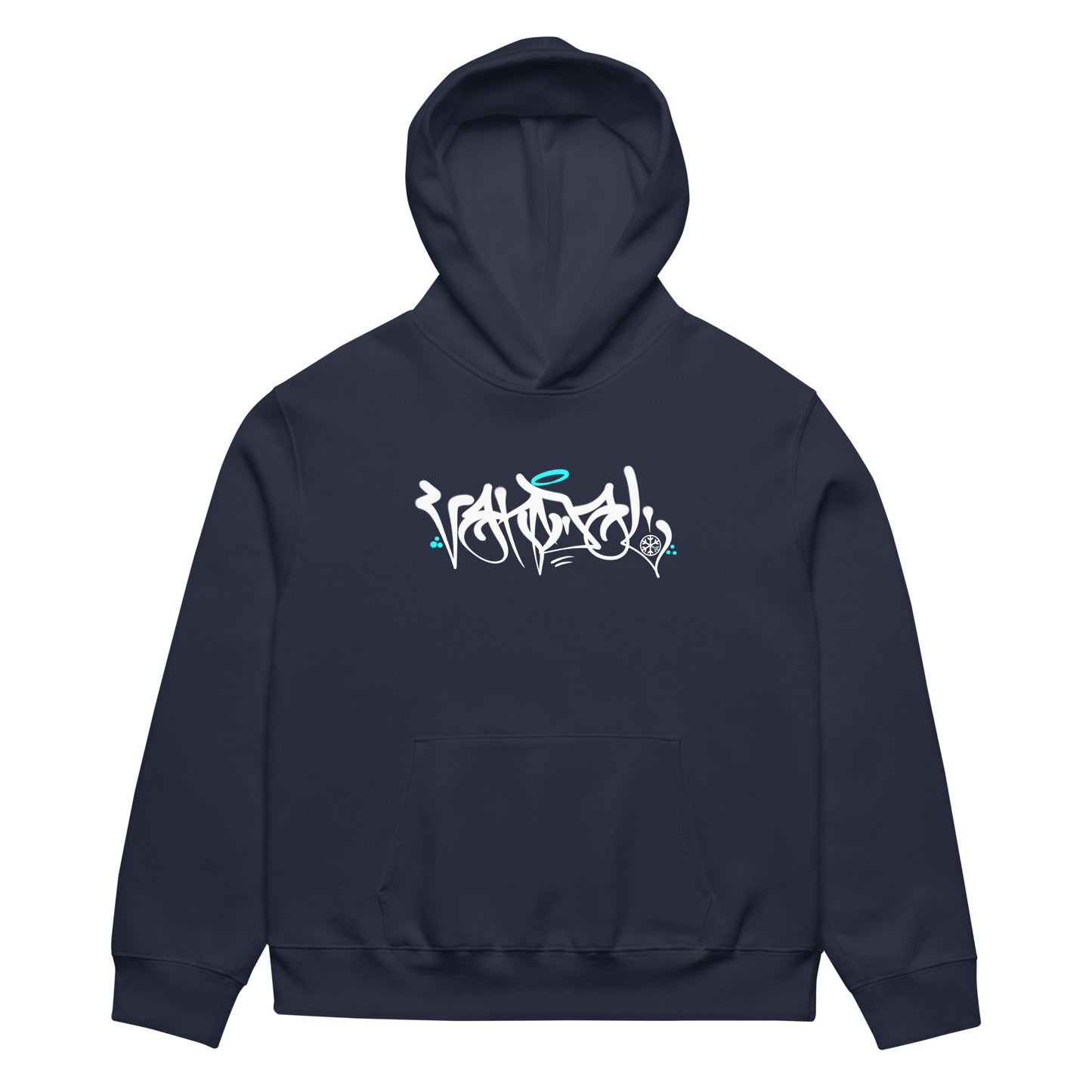 Navy-Vandal Graffiti Tag Hoodie by Caos One from B.Different Clothing, front view, graffiti-inspired streetwear, oversized heavyweight