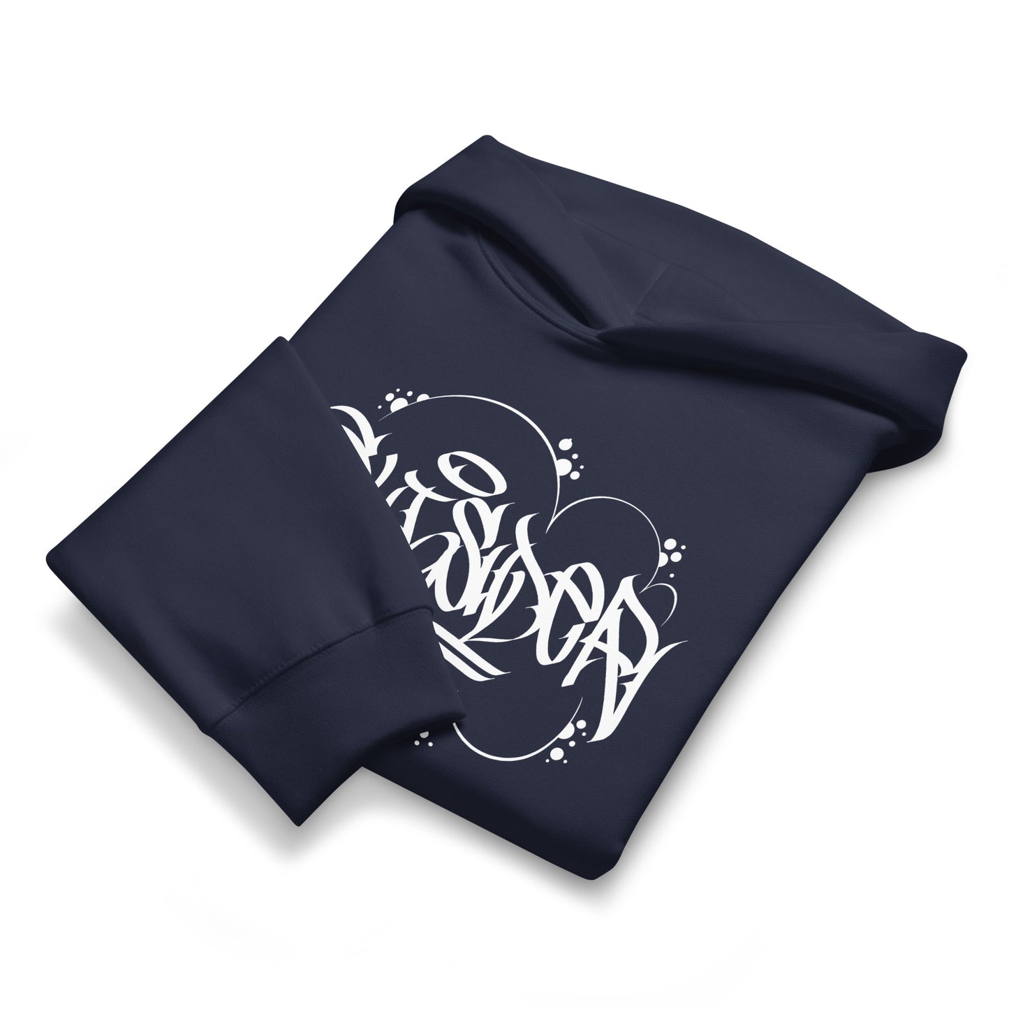 Navy-Outcast Graffiti Tag Hoodie by Caos One from B.Different Clothing, folded, graffiti-inspired streetwear, oversized heavyweight